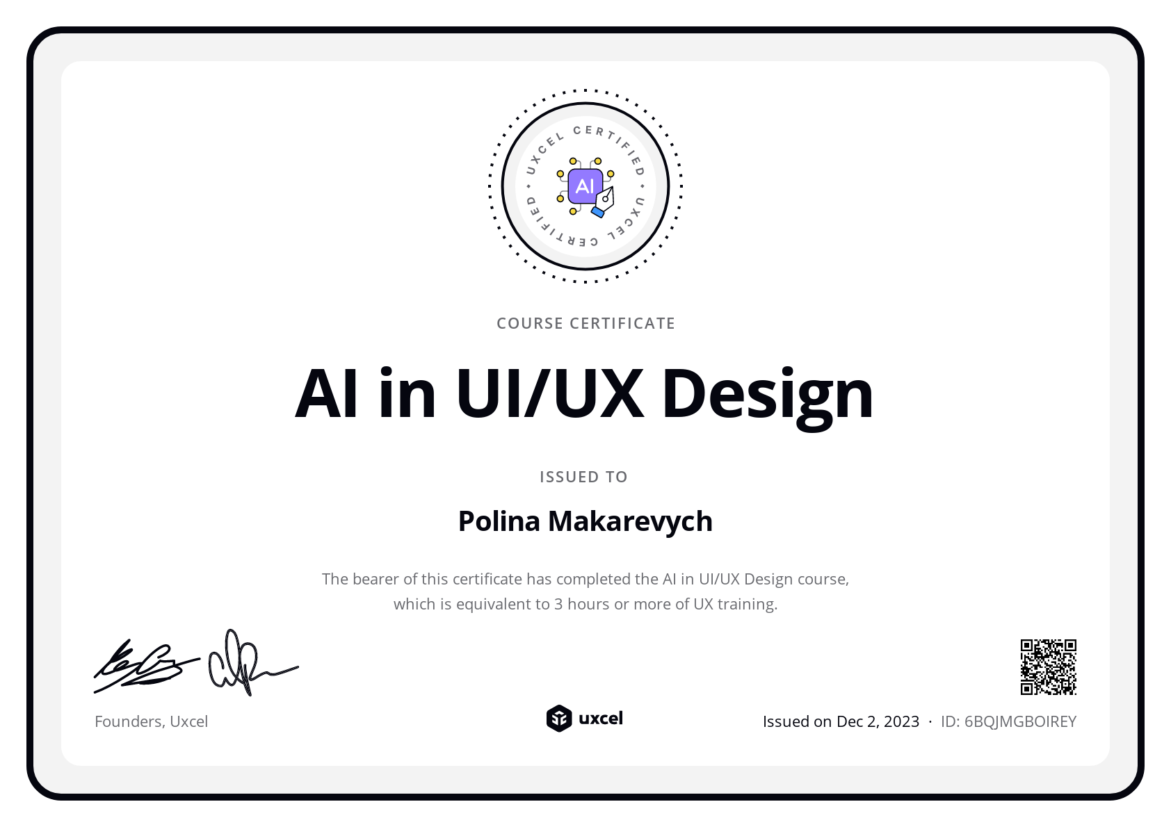 Polina Makarevych's certificate